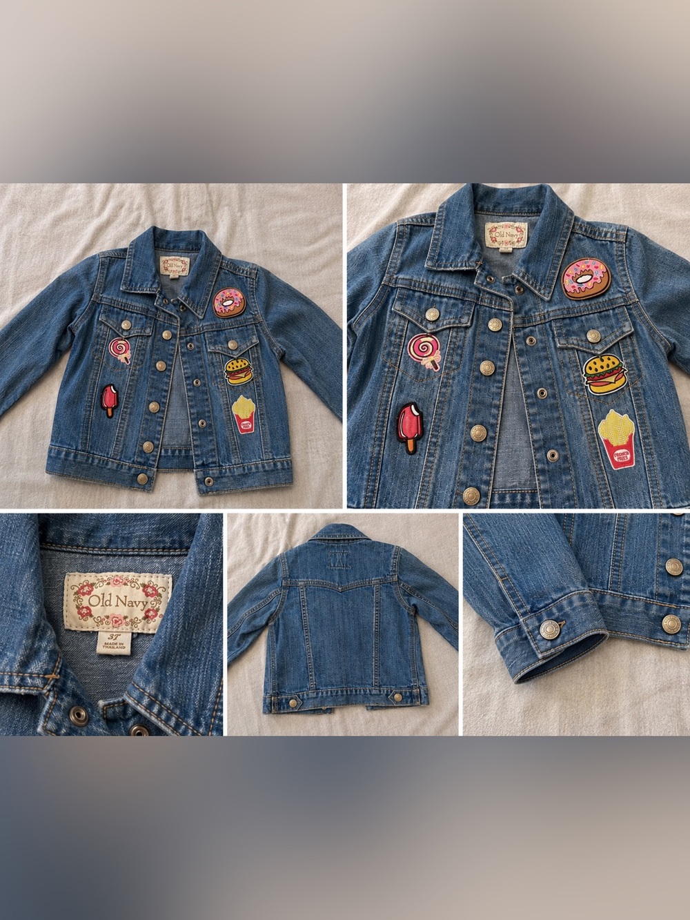Old Navy Girls' Blue Denim Jacket 3T with Colorful Food Patches 2006 Vintage